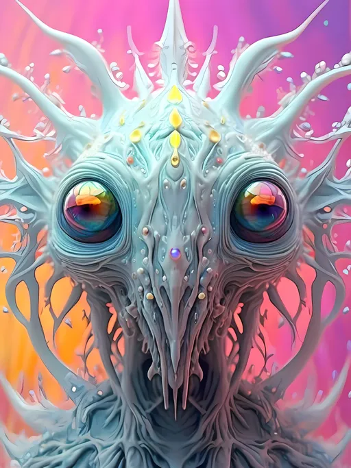 Prompt: <mymodel> an extremely hyper realistic super textural psychedelic entity/creature, trippy, weird, surreal, fractals, multidimensional geometric shapes, eyes, human teeth, lots of light, bright pastel colors, luminous, glowing, extremely textural, white, translucent, , silver, pastel rainbow oil slick sheen effect, moth antennae, melty drippy, extreme organic and metallic textures