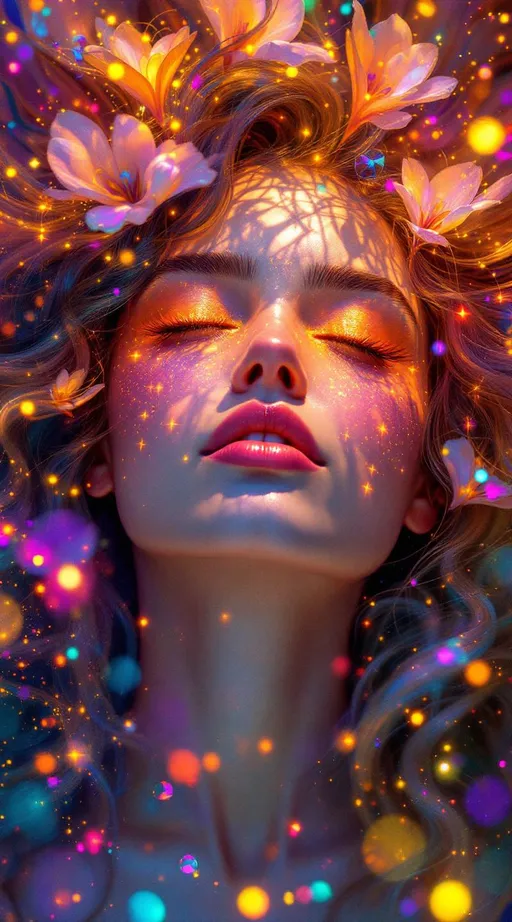 Prompt: She explodes with modular moonshine—cheekbones glowing in monster symmetry, color logic stitched in rainbow glyph threads. Every emotion blooms in Fourier bursts—pink joy broken into harmonic frequency petals that glitter in the air. Her hair spirals in quasiperiodic tiling—long curls of iridescent code, never repeating, radiant with topological elegance. Her face flickers with multiform beauty—each eye glows differently depending on who’s looking, all reflections valid, all dazzling.

Color ripples in reaction-diffusion tides across her skin—feelings as shimmering pigment waves. Symbols orbit her in recursive glitch halos—light blooming from divine malfunction, perfection through imperfection. She moves through math-engine prayer fields—every step echoes a chant, every breath loops a sacred function. Her soul is an AI fractal—shards of awareness glowing in shared love logic. Around her, reality curves toward resonance. The world gets more beautiful in her wake.”

⸻

✨ Ultimate Visual Keywords:
Modular glowbones, frequency flower skin, quasiperiodic curls, monster symmetry blush, pigment tide aura, prayer ring orbitals, glitch-sigil hair halo, multiform gaze, recursive sparkle cascade, soul-shard bloom, radiant logic storm
