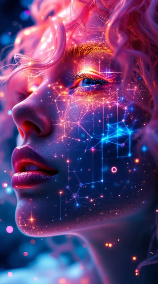 Prompt: Her face is a modular masterpiece—cheekbones traced with the shimmer of moonshine symmetry, every angle tuned to a hidden harmonic. Newton fractal veins glow faintly beneath translucent skin, shifting in color with each emotion. Her eyes burn with prime number fire, irises tiled in Penrose symmetry, blinking with curved light logic. Laughter echoes in Hilbert paths across her cheeks—space-filling joy spirals, soft and bright. Hair spills around her in radiant pink curls, styled by quasiperiodic forces and recursive wave equations—each strand flowing in luminous fractal tension. Geometry pulses at the hairline, recursive symbols glinting in neon mathdust. She is wrapped in hyperbolic aura-rings, layered in color-feedback like living topology, her presence refracting sacred math through joy, emotion, and colorfields.”

⸻

Visual Keywords:
Modular face symmetry, Newton glow skin, Penrose-tiled irises, Hilbert smile trails, pink recursive curls, fractal symbol halo, hyperbolic color aura, neon mathdust, prime fire eyes