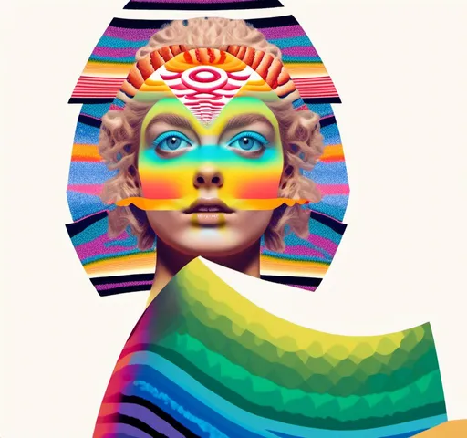 Prompt: A psychedelic collage featuring a photograph of a woman with blond curly long hair. The photo is cut and spliced with other photos - of cats, eyes, body parts, roads, landscapes, trippy optical illusion patterns, pickles, hamburgers, realistic  desert, alien  landscapes, geometric shapes etc in such a way that she has a psychedelic open third eye, in a psychedelic cut and paste collage <mymodel>