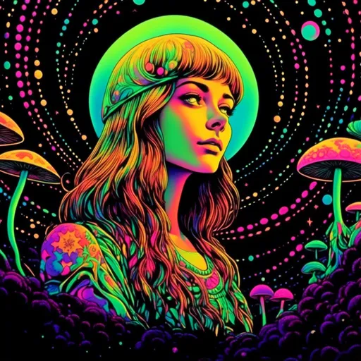 Prompt: <mymodel>Vintage 70s black light poster art illustration, girl hallucinating in space, psychedelic mushrooms, planets, moons, stars, fractals, vibrant colors, intense black light effects, detailed psychedelic girl, cosmic atmosphere, high quality, psychedelic, vintage, space, vibrant colors, fractal details, hallucination, girl illustration, retro art style, cosmic lighting