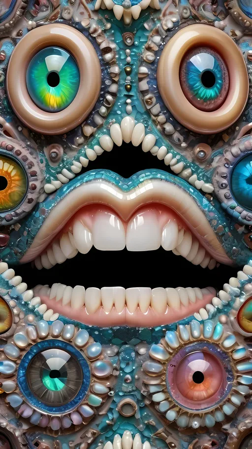 Prompt: an extremely hyper realistic ultra super textural weird trippy surreal psychedelic entity, Cardioid Curves, ,,, translucent, pearlescent finish, inlaid opal, glittering crystal accents, silver, pyrite, quartz,, chrome, bright vivid teals, blues, pinks/yellows/greens, lots and lots of light, lots of crazy colorful compound psychedelic human eyes, rows of human teeth, human lips, tongues, fungus,  atoms, diatoms,, Cardioid Curves, Tessellation, Penrose tiling, extreme high definition organic and mineral textures