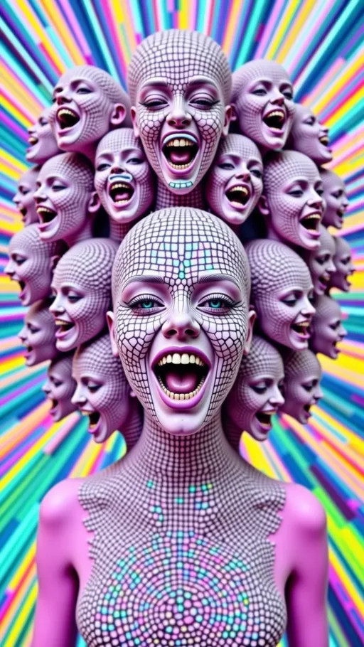 Prompt: Cyberpunk psychedelic goddess with many smiling faces and laughing mouths, her form multiplying into mirrored arms and neon glitch reflections. Sacred geometry glows across her skin like circuit mandalas, hexagons, and holographic spirals, pulsing like neon circuitry. Optical illusion patterns bend around her body in chrome and rainbow light, while holographic glitches and chromatic aberration trail off her edges. Joyful, radiant, and surreal — a many-faced cyberpunk deity of color, geometry, and playful weirdness.
