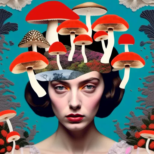 Prompt: <mymodel>Mixed media collage of a beautiful woman, mushroom headpiece, surreal atmosphere, vibrant colors, high quality, mixed media collage, surreal, vibrant colors, detailed facial features, ethereal lighting