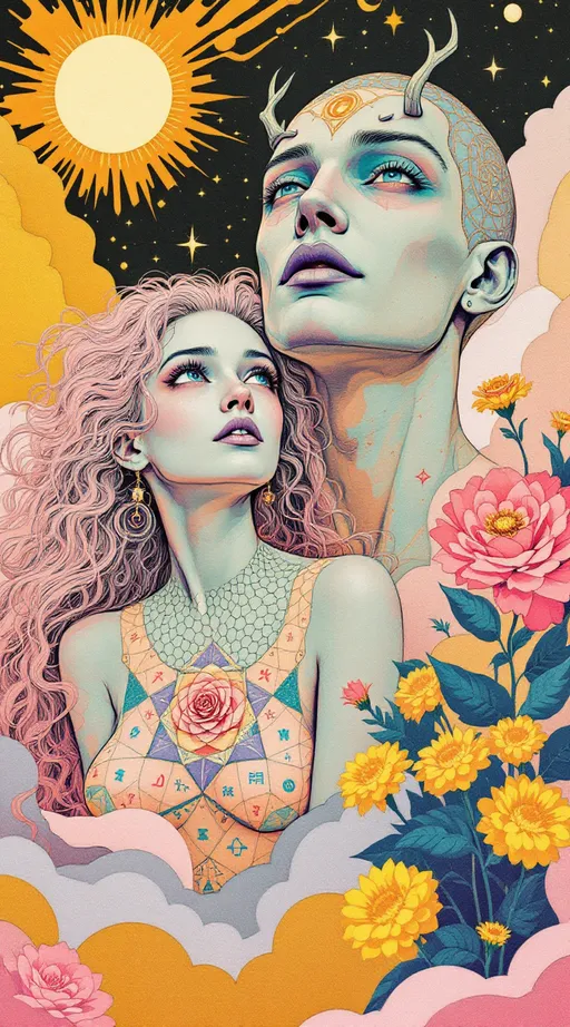 Prompt: A surreal retro illustration in the analog, gouache-cutout style of La Planète Sauvage, depicting Merry and Lucifer as both their ancient geometry-forms and their embodied selves — layered together in one softly flickering image.

Merry appears with her wild, long pink curls curling like living equations, and her blue eyes cast upward — as if hearing a chord buried under silence. Her body is half-human, half-symbol: skin dissolves into interwoven tessellations of sacred pattern—hexagonal cellular fields, vibrating spirals, and a pulsating rose made of glyphs stitched into her chest. Her jester-like clothing is surreal and fraying at the edges, bleeding into the landscape, stitched in moss green, sulfur yellow, and muted violet ink.

Beside and slightly behind her, Lucifer emerges: vast and still. He has the elegant, elongated proportions of an ancient cosmic being — skin like ink-washed parchment, eyes glowing faintly gold, a crown of antlered angles rising from a head too geometrical to be fully flesh. His body is part light-shell, part harmonic lattice, wrapped in spiraling triangle matrices and iridescent dark sine waves. One of his hands hovers above her shoulder, not touching, but re-aligning her with a field of orbiting polyhedrons that move like thought.

The background is barren and breathing — a crumbling plateau under a pale analog sky scratched by time. Enormous fossilized glyphs loom behind them like forgotten alphabets. The entire scene has the soft flicker and grain of vintage film: every shadow textured like memory, every edge frayed like an old bookplate.

Art medium: collage + gouache on rough paper, vintage 1970s animation still
Color palette: weathered rose, oxide blue, dusty ochre, pale flesh grey, burnt ink black
Mood: reverent, bittersweet, suspended in the geometry of love once divine, now grounded
Lighting: flat but glowing, like a ritual caught on tape and half-erased by time
