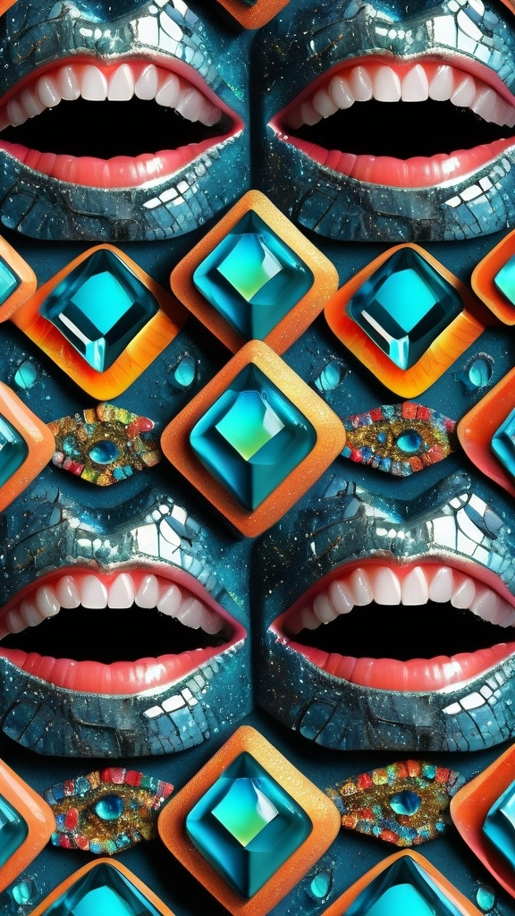 Prompt: Create an extremely hyper-realistic, ultra super textural, weird, trippy, surreal, psychedelic pattern/design based on crystal tiling, with lots of human eyes (crazy colorful compound psychedelic), rows of human teeth, human lips, and tongues. Include mineral crystal accents.

- **Colors**: Inspired by the elements, minerals, and metals: neon, peridot, citrine, tourmaline, pyrite, silver.

**Shapes and forms**
-crystalline (acicular)

- **Textures**: Derived from any/all organic elements, minerals, metals, crystals, organic things mentioned in this prompt.

**Composition and Layout**:
- Spherical layout/composition
- crystal tiling
- hyperbolic forms and structures
-zoomed out creating a surreal pattern/design using arabesque tiling

**Lighting**:
- Lots of bright light

**Detail and Atmosphere**:
- Extreme hyperrealistic sharp high detail high definition organic and mineral textures
- Psychedelic, weird, odd, surreal atmosphere
- Frozen in time

**Additional Elements**:
- Diatoms, extra rows of teeth, lips, many eyes,fungus

Capture this scene using Canon EF 70-200mm t/2.8L IS III USM film