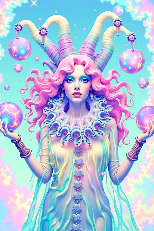 Prompt: A super hyperrealistic yet also illustrative and creative female cosmic jester, made entirely of swirling pure colored light, with long wild curly hair that appears pink but is a dazzling spectrum of hues shimmering beneath the surface. She is adorned in beautiful avant-garde "astral" jester's attire, complete with intricate clown makeup that glimmers like stardust and a definitive jester's hat adorned with miniature galaxies that orbit its tips. Her ensemble includes exquisite accoutrements—ornate cosmic bangles that hum with the resonance of distant quasars and an ethereal cape that flows like liquid auroras. She sparkles, shines, and dazzles in a mesmerizing swirl of ever-changing colors, embodying the essence of cosmic whimsy and wonder. Perched atop an enormous, spinning Möbius strip made of liquid starlight, she juggles glowing quantum orbs that flicker between states of existence, each orb containing a miniature universe that pulses with fractal patterns. The background is a psychedelic tapestry of hyperdimensional geometry, where constellations rearrange themselves into impossible shapes, and stars pulse to the rhythm of an unheard cosmic melody. Fractal tessellations resembling Escher-like infinity loops cascade through the scene, while quantum entanglement trails connect her juggling orbs in a dance of light. Möbius transformations ripple through the liquid starlight, creating endless loops of brilliance, as pulsating nebulas, astral winds swirling with cosmic dust, and shimmering auroras flow like liquid silk across the infinite expanse.