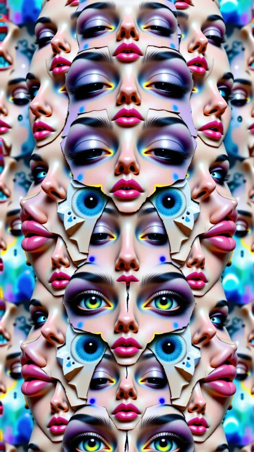 Prompt: ultra hyperrealistic surreal portrait of a beautiful woman mid-reactive glitch, face shattered and reassembled through multiple glitch types, frozen in time, glitches forming the fractures and multiplication of her features, pixel sorting streaks pulling eyes and lips across space, datamosh smears blending fragments of skin and hair, VHS signal tears bisecting features, compression artifact mosaics scattering facial geometry, RGB channel splits with exaggerated chromatic aberration halos, recursive duplicates of eyes and mouths aligned along glitch trails, warped geometric symmetry partially breaking into chaos, bright acidic saturated colors intertwined with soft dreamy pastels, iridescent shimmer over black and white optical illusion patterns, metallic and holographic highlights catching in every fractured shard, soft pearlescent gradients contrasting with high-contrast glitch lines, skin hyper-detailed with sharp texture and reflective microfacets, light bending around fragments like a prism, impossible anatomy flowing with glitch logic, surreal but crisp and sharp, zero painterly softness, an intricate realm of broken beauty