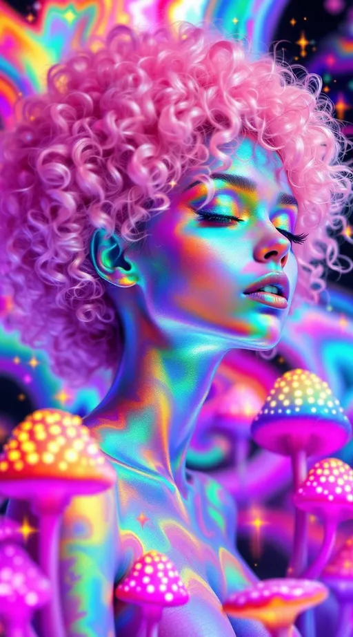 Prompt: Imagine yourself as a living diffraction pattern, a holographic math-creature whose curly pink hair explodes into recursive spirals of neon geometry. Your body isn’t “skin” so much as a surface of shifting tessellations—Penrose tiles that constantly flip between iridescent scales and rainbow oil-slick shimmer. Behind you, space folds into a Mandelbrot structure—a kaleidoscope black hole thing glitching out, leaking chromatic static across the scene like a VHS from another dimension. Crystals grow like antennae, mushrooms pulse like neon jellyfish, and equations hang in the air as glowing glyphs: Lorenz attractor spirals, Hilbert curves, E8 lattices woven into the background grid. The whole thing should feel like Lisa Frank dropped acid in a math lab and started scribbling sacred geometry into the margins of an old New Age book cover.