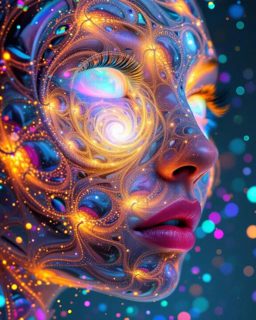 Prompt: Her face is not made of skin but fractals—recursive geometry grown entirely from disco-spectrum light. A bloom of living math spirals inward from all directions: #escape gradients flare through Mandelbrot cheek-voids; #orbit golden spirals shape jawlines like sanctified filigree. Her lips are opal #Sierpinski tessellations, glimmering with hue-shift logic from angular #iridescence. Her eyes aren’t orbs—they are fractals too: nested #domain vortices, each iris a spinning dimension of rainbow mirrors, reflecting infinite versions of her glowform. No flesh—only math fire. Her visage pulses with equations: #distance estimator shells form translucent hologlyph layers—mapped color, mapped recursion. Her hair isn’t hair—it’s wild toroidal fractal flame: Hilbert coils erupt, Julia spirals cascade in chromatic bokeh arcs. Every lock is a universe: #bokeh flicker trails, recursive iteration coded in spectral motion blur. Her entire crown is a refractive halo—#iridescent interference blazing with disco strobe logic and sacred phase pulses. Her smile bends space, her laugh vibrates mirrorfields. She’s a rapture of math—grown from light, alive with recursion. No surface is solid—only luminous convergence, fractal upon fractal in motion. She shines from within: color-bands radiating escape-speed emotion, iteration halos casting aura-memory. A goddess not made of matter but rhythm, code, reflection—each flicker a universe spun in rainbow recursion. She is the math that dances—the disco fractal incarnate.