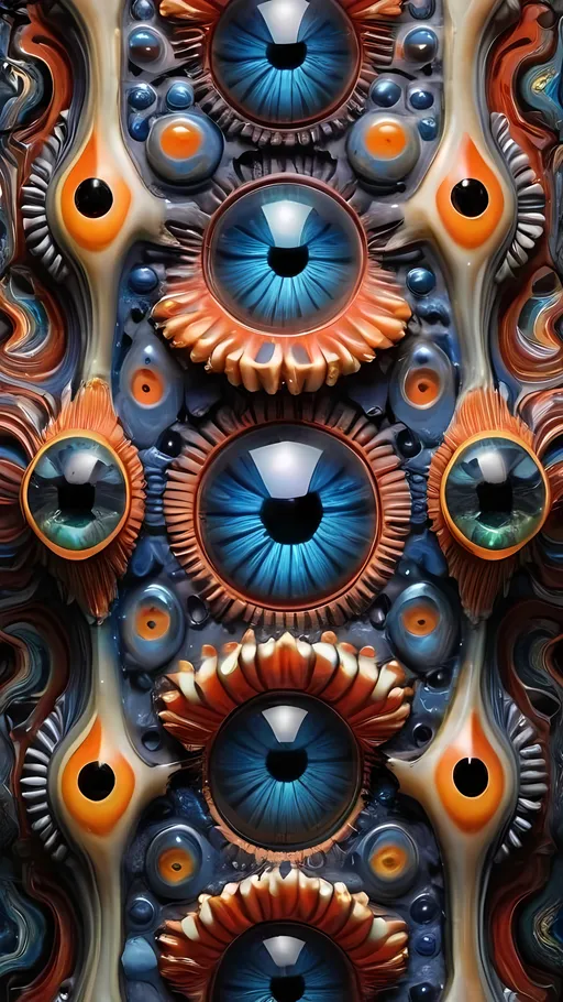 Prompt:  An extremely hyper-realistic, ultra-textural, weird, trippy, surreal, psychedelic pattern/design featuring eyes, teeth, mouths, & tongues. The design should be based on the “Mandelbrot” & “op art tiling” concepts, w/ an abundance of human eyes (crazy colorful compound psychedelic), rows of human teeth, human lips, & the elements, minerals, organisms: 
- Moonstone
- Selenite
- Labradorite
- niobium 
- potassium

**colors/lighting/Shapes/Forms/Textures**: 
- Main form: “Mandelbrot”
- Additional colors/shapes/forms/textures/arrangements determined by the natural properties/expressions of the listed elements, minerals, metals, & biological organisms. Capture their crystal structures, atomic arrangements, & natural formations. Express their raw, rough, & detailed textures, including crystal structures, surface finishes, & unique textural properties.
- Express the shapes, forms, structures, & arrangements of the listed elements, minerals, pigments, crystals, or biological organisms.
- Reflect intricate crystal structures, atomic arrangements, & natural formations.
- Integrate unique textural properties & surface characteristics into the pattern.
- Arrangement influenced by natural aggregates/combinations, creating a cohesive design.
-Intense, bright, reflective light
- Express the various lighting properties, effects, & illusions of listed elements, minerals, biological entities, & crystals.
- Capture interactions w/ light, including reflections, refractions, iridescence, & other optical phenomena. Use lighting to emphasize intricate details, textures, shapes, & forms.

