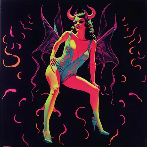 Prompt: <mymodel>Vintage 70s black light poster art of a succubus demoness, latex suit, dancing in pink and orange hued flames of hell, rockabilly pop punk style, vibrant colors, psychedelic, detailed figure, retro vibes, atmospheric lighting, highres, 70s vintage, demoness, latex, flames, rockabilly, pop punk, vibrant colors, psychedelic, retro, detailed, atmospheric lighting