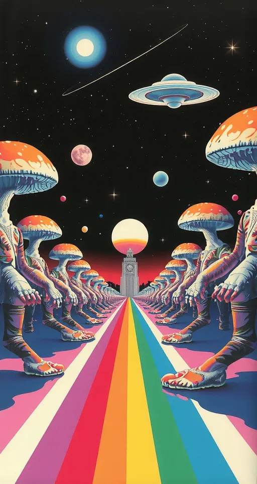 Prompt: <mymodel> Vintage 70s psychedelic surreal sci-fi Collage, analog, cut & paste, outer space, rainbows, spectrum, optical illusions/trippy patterns, surreal alien landscapes, UFOs, « little green men », psilocybin mushrooms, geometric shapes , planets, orbs, black night sky with stars, in the center