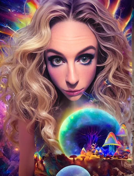 Prompt: Blonde girl with long, curly hair, psychedelic mushroom wonderland, psilocybin, DMT, trippy hallucinations, fractals, multidimensional geometry, auras, vibrant and surreal, high quality, surreal art, colorful, vibrant lighting, holograms, grid lines of the universe, underlying geometric structure of reality