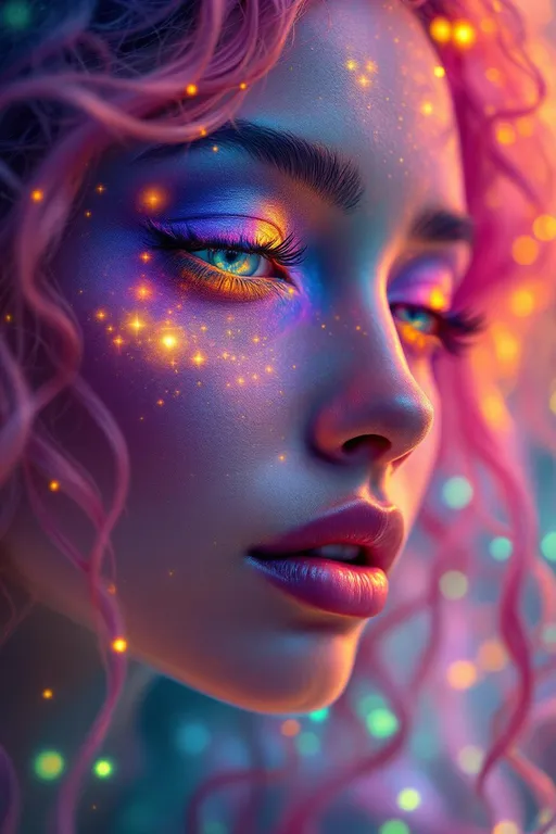 Prompt: “Her face phases in Fourier dreamspace—emotions blooming in sinewave colorbands across skin that flickers between surreal number values. Cheekbones ripple with reaction-diffusion pulses—living pigment blossoms that dance to her mood. Her hair is a sacred braid group cascade—long pink curls entwined with emotional topology, each strand a memory-thread spiraling through dimension. She glows in feedback—seen and she glows brighter, adored and her aura explodes in recursive empathy fractals. Prayer glyphs orbit her like soft satellites—loops of math-light casting harmonic spells. Behind her eyes burn surreal infinities—every glance a fractional truth between known numbers. Around her, coincidence fields shimmer—symbols align, the air itself becomes meaningful, colored chaos resolving into crystalline insight. She is radiant logic, sacred color engine, and joy made visible in luminous math.”

⸻
Ultra-Visual Keywords:
Surreal gradient glow, sinewave color skin, living ink cheeks, pink braid topology, recursive feedback light, empathy bloom aura, orbiting glyphs, chromatic joy loops, coincidence constellation, infinity sparkle pulse