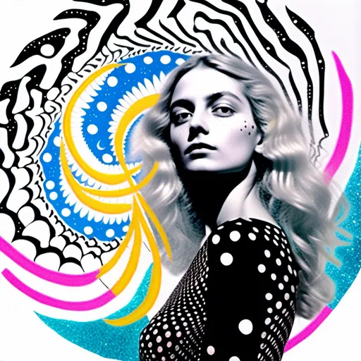 Prompt: <mymodel>Mixed media collage of an astral entity in the astral realms in outer space but also another beautiful glowing dimension of radiance
And love and light. She has long blond curly hair and appears as a photograph, maybe black and white or halftone, while the mixed media colors and sparkles and sacred geometries of the astral dimension swirls around her and out of her in the form of paint, foils, glitter, sparkles, rainbows, auras, sequins, enamels, rhinestones, thread, broken glass, etc