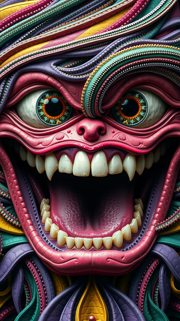 Prompt: Create an extremely hyper-realistic, ultra super textural, weird, trippy, surreal, psychedelic eyes/teeth/mouth pattern/design based on "Spirillum minus", with lots of human eyes (crazy colorful compound psychedelic), rows of human teeth, human lips, and tongues. 

- **Colors**: determined by the properties and expressions of the elements (& their isotopes), minerals, and metals: Orthoclase, Dolomite, Rhenium (Re); “Spirillum minus”

**Shapes and forms**
- "Penicillium expansum" 
-other shapes determined by the natural properties and expressions of the elements (& their isotopes), minerals, metals, and biological organisms: malachite, Orthoclase,  Dolomite , Rhenium (Re); Spirillum minus

- **Textures**: Derived from any/all elements (& their isotopes), minerals, metals, crystals, organic things mentioned in this prompt: "Spirillum minus”, Orthoclase, Dolomite, Rhenium (Re)

**Composition and Layout**:
- a pattern/design based on "Spirillum minus"

**Lighting**:
- Lots of bright light
- Phosphors, Luminol

**Detail and Atmosphere**:
- Extreme hyperrealistic sharp high detail high definition organic and mineral textures
- Psychedelic, weird, odd, surreal atmosphere
- Frozen in time

**Additional Elements**:
- "Spirillum minus", extra rows of teeth, lips, many eyes,
