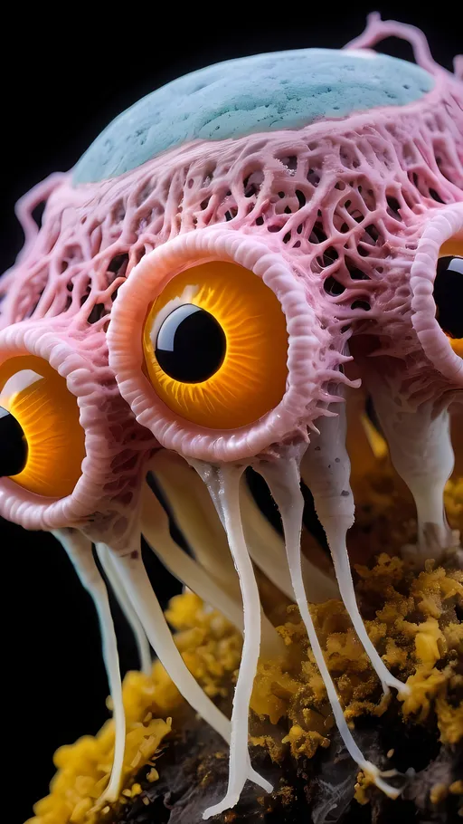 Prompt: A trippy extremely hyperrealistic psychedelic surreal slime mold creature, bright pastel colors and lots of light, lots of crazy trippy psychedelic human eyes, human teeth, EYES,FACE plasmodium, sporangium, sclerotium, amoeboid cells, fruiting body, spores, cytoplasmic streaming, cellular slime molds, acellular slime molds, aggregation, pseudoplasmodium, stalk, capillitium, myxamoebae, chemotaxis, phagocytosis, sporulation, germination, protoplasmic network, vegetative phase, reproductive phase, swarm cells, hyphae, peridium, columella, hypothallus, sporangia, sporocarps, trophozoite, encystment. 
