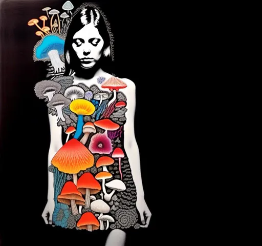 Prompt: A mixed media collage of a black and white photograph of a young woman growing all kinds of colorful multimedia psychedelic mushrooms and fungus out of her body (incorporate things like- but are not limited to - vibrant paints, enamels, glitters, metallic foils, newspaper and magazine cut paper, paint spatter, etc)<mymodel>