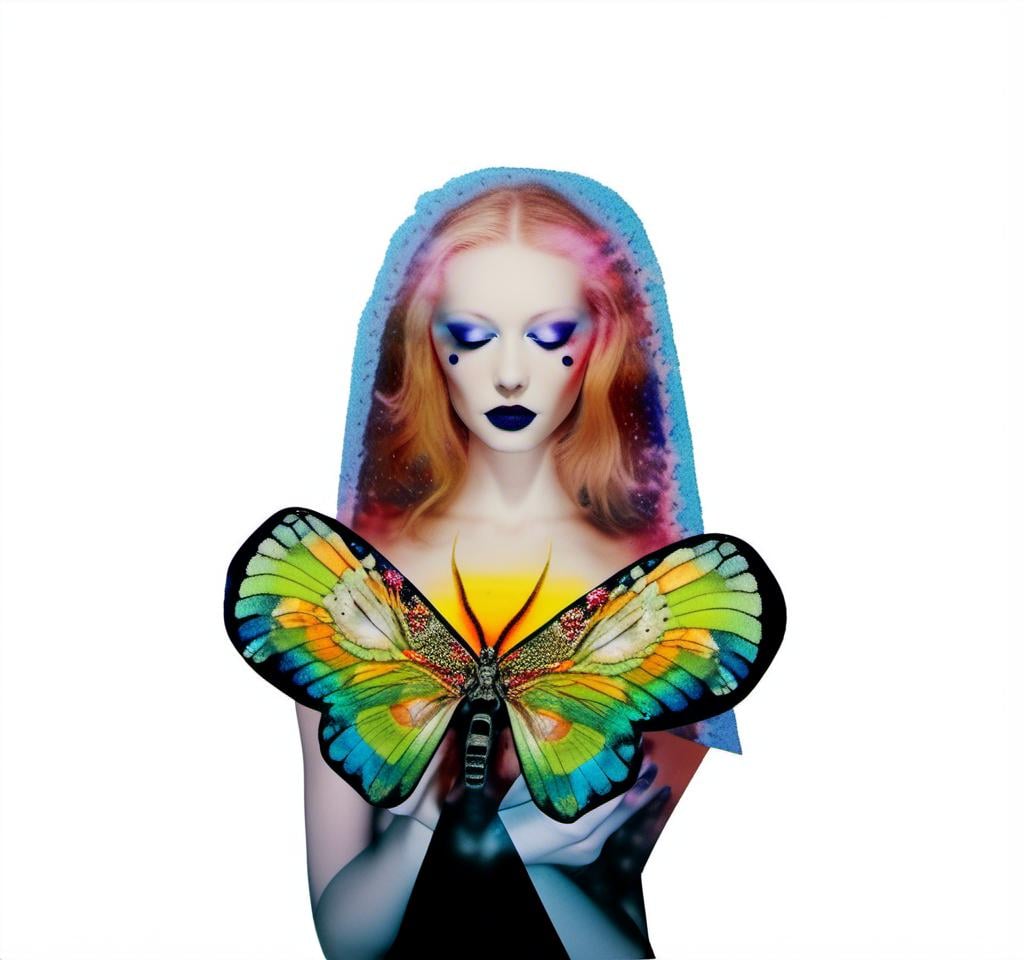 Prompt: a photograph of a woman (color or black and white) with multimedia elements added to create the appearance that she is a beautiful intricate moth, with moth wings and antennae created from paint, paper, photos, glitter, iridescent enamels, nail polish, rhinestones, thread and string, fabric, folded paper etc<mymodel>