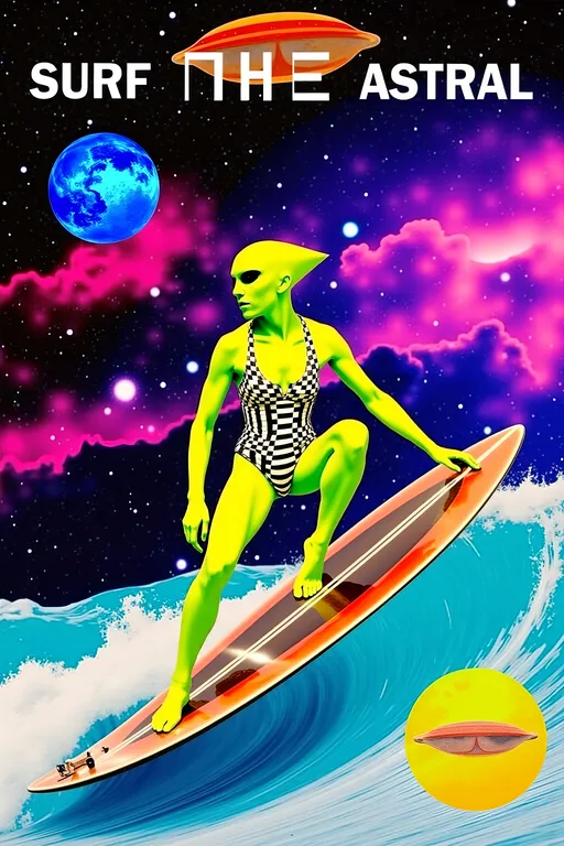 Prompt: Let's add that cosmic phrase into the mix:

**Astral Surfing Queen - AI Art Prompt**

Create an artwork featuring our iconic green-skinned alien babe, rocking a retrofuturistic swimsuit that blends vintage style with sleek, modern design. Picture her surfing an astral wave made entirely of vibrant colored light and abstract astral matter, gliding effortlessly through the vast expanse of the astral plane.

She's "hanging 10," her toes gripping the edge of a metallic, futuristic surfboard that gleams with an otherworldly sheen. The board is adorned with intricate patterns and glowing accents, reflecting the advanced technology of her cosmic culture.

Her expression is one of pure joy and exhilaration, as she rides the astral wave with the grace and skill of a seasoned surfer. Her bald conical head and large, solid black almond-shaped eyes add an extra layer of mystique to her carefree demeanor.

The background is a dazzling display of cosmic elements—swirling nebulae, twinkling stars, and trails of astral light that create a sense of motion and energy. The astral wave itself is a dynamic flow of luminous colors and abstract forms, embodying the ethereal and ever-changing nature of the astral realm.

Incorporate the text phrase "SURF THE ASTRAL" in a bold, glitchy, futuristic style that complements the vibrant and dynamic nature of the scene. The text should integrate seamlessly into the composition, enhancing the theme and adding a narrative element to the artwork.

Balance hyperrealistic textures with an illustrative, artistic style, capturing the playful and adventurous essence of this astral surfing queen. Let the fine details and vibrant colors transport viewers into a realm where surfing meets the extraterrestrial, in a celebration of cosmic joy and exploration. 🌌🏄‍♀️👽

Let this prompt inspire a piece that's as dynamic and visually captivating as it is uniquely yours!