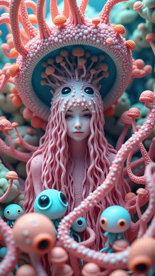 Prompt: Create an enchanting and surreal landscape featuring slime molds at various stages of reproduction, magnified to a macro scale that reveals their intricate beauty. The scene is a kaleidoscope of vibrant pastel pinks, oranges, and aquamarine blues, echoing a retro psychedelic aesthetic. Nestled within this organic tapestry is a caucasian slim woman with long wild pink very curly hair and blue eyes, her form subtly integrated into the landscape, as if she is part of the natural cycle. Her eyes, a striking blue, gaze out from amidst the undulating forms of the slime molds, which twist and coil around her like living jewelry.

The style is reminiscent of a combination of Ernst Haeckel's scientific illustrations and the psychedelic art movement, with a focus on hyper-realistic detailing that captures the delicate textures and translucent qualities of the slime molds. The medium appears to be a digital painting, with a high level of detail that brings the surreal forms to life. The mood is otherworldly and contemplative, inviting viewers to explore the hidden beauty of these often-overlooked organisms. The lighting is soft and ethereal, casting gentle highlights and shadows that enhance the organic forms and create a sense of depth. The outlines are fluid and organic, blending seamlessly into the background, creating a harmonious and immersive scene.