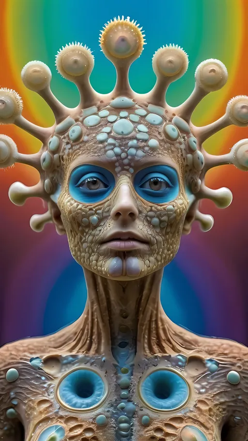 Prompt: Extremely hyperrealistic ultra textural trippy surreal beautiful but odd unsettling psychedelic creature- a psychedelic diatomaceous creature entity queen crown with lots of crazy psychedelic human compound eyes, rows upon rows of human teeth.  head, face, body, limbs, fungus, Mandelbrot, oil slick rainbow sheen effect, holographic, hologram, translucent, vivid colors white, tons and tons of light, bright pastel colors, Gyroid Structures. Diatoms: bacillariophyta, siliceous, valves, girdle bands, raphe, striae, puncta, areolae, costae, rimoportula, fultoportula, chloroplasts, auxospore, epitheca, hypotheca, mucilage, frustule symmetry, valve morphology, pennate diatoms, centric diatoms, motile, non-motile, biofilm, epiphytic, epilithic, epipsammic, biogenic silica, diatomaceous earth, primary producers, carbon fixation, biogeochemical cycles, diatom blooms, paleoecology, nanostructures, microalgae, environmental indicators, aquatic ecosystems. geometric, symmetrical, radial, bilateral, elongated, circular, triangular, oval, star-shaped, pennate, centric, intricate, lattice-like, perforated, silica, frustules, ornate, microscopic, diverse, varied, delicate, transparent, golden-brown, pillbox-shaped, chain-forming, solitary, colonial, planktonic, benthic,