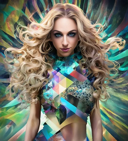 Prompt: a psychedelic hallucination of a female with long blond curly hair modeling avant Garde fashions accessories and makeup created directly out of multidimensional geometry fractals, hypercubes, non Euclidean geometry, psychedelic fashion halucinations 