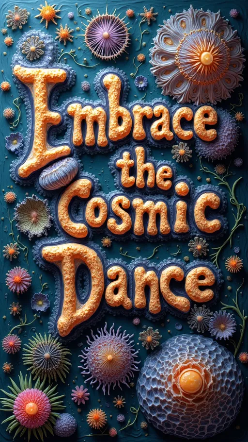 Prompt: "An extremely super hyperrealistic trippy weird surreal odd artwork featuring the phrase 'Embrace the Cosmic Dance' as the central element. 

The text itself is intricately woven into a vibrant tapestry of swirling fractal patterns, each letter morphing and flowing in harmony with the surrounding designs. These fractals, inspired by the Fibonacci sequence, spiral outward, creating a sense of infinite motion and interconnectedness.

The letters are composed of shimmering, iridescent colors that shift and change as if alive, reflecting the dynamic energy of the universe. They appear to be carved from a combination of crystalline structures and organic forms, with facets catching the light and adding depth and dimension to the scene.

Surrounding the text are elements from the natural world, such as Cladonia cristatella (British Soldier Lichen), Rhizopus stolonifer (Bread Mold), and Alectoria sarmentosa (Witch's Hair). These natural forms seem to grow and intertwine with the letters, their delicate structures adding texture and complexity to the artwork.

In the background, ethereal trails and webs of light represent quantum phenomena such as Quantum Entanglement and Quantum Foam. These trails weave through the fractals and text, symbolizing the unseen forces and connections that underpin reality.

Crystals and minerals such as Amethyst, Pyrite, and Fluorite are embedded throughout the scene, their vibrant hues and unique structures complementing the organic flow of the fractals and patterns. These elements add a touch of natural beauty and grounding to the ethereal landscape.

This artwork invites viewers to 'Embrace the Cosmic Dance,' encouraging them to immerse themselves in the surreal landscape and explore the infinite possibilities of the mind, with the text serving as both a focal point and a guide in this trippy, interconnected universe."