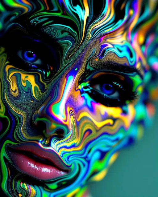 Prompt: Envision a surreal, hyper-realistic portrait of a woman whose face is sculpted from ferrofluid—a magnetically responsive black liquid—transformed through the optical magic of rainbow oil-slick interference. Her skin is a living fluid mirror, animated by unseen magnetic forces that pull ferrofluid into spike clusters and rippling ridges across her features. These spikes and waves shimmer with chromatic iridescence, reflecting shifting colors like gasoline on water or insect wings under a microscope.

The ferrofluid is not dull black but alive with swirling color gradients: liquid arcs of cyan, magenta, lime, gold, and violet ripple and refract across her cheeks and forehead. These colors follow the curvature of her face, concentrating in magnetic nodes—her brow, chin, and the hollows of her cheeks—where field lines seem to focus. The surface dances with thin-film patterns that refract light in a dreamlike, spectral palette.

Her eyes are intense, almost alien—deep wells with soft glowing edges, echoing the same rainbow gradients. Her hair is an eruption of fluidic, magnetized ribbons and tendrils, each strand a river of slowly shifting prismatic sheen, rising into dynamic ferrofluid helixes and crowns of spike-like filigree. These morph and pulse as if alive, responding to the viewer’s gaze or her inner signal.

The atmosphere is dark and minimal—enhancing the electric glow of her skin’s liquid texture. She is not simply human—she is a magnetic intelligence wrapped in light-bending liquid: elegance in motion, color in command.