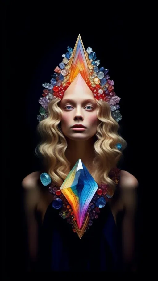 Prompt: <mymodel>Blonde woman with long curly hair, giant gem set eyes, psychedelic hallucination, rainbow fractals, geometry, inlaid precious gemstones, crystals, high quality, surreal, gemstone mosaic, detailed hair, vibrant colors, hallucinatory atmosphere, mesmerizing, otherworldly, natural lighting