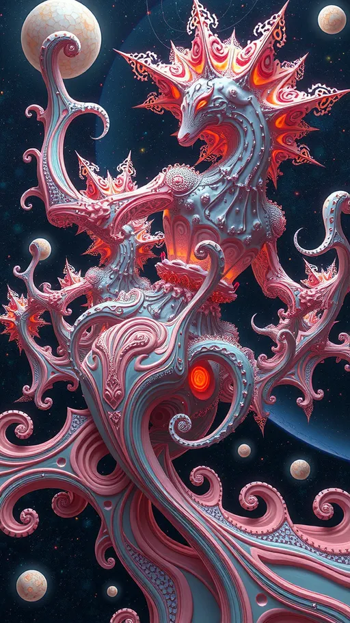 Prompt: A strange surreal beautiful flowing lithe interdimensional psychedelic entity/creature, made of fractal geometry, existing in many dimensions simultaneously, melting from one dimension to the next, phasing in and out of reality, inter dimensional fractal geometry come to life, psychedelic, trippy, weird, but beautiful, 