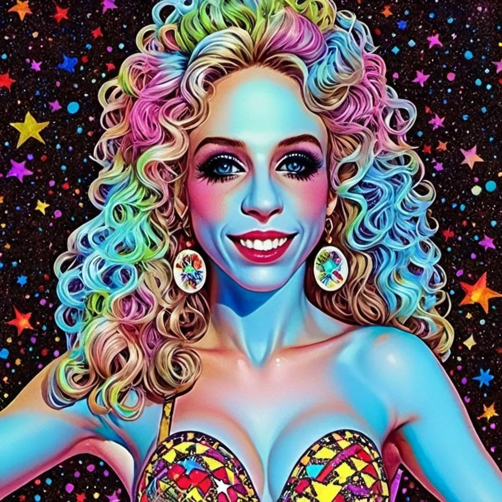 Prompt: A super hyperrealistic yet also illustrative and creative female cosmic jester, made entirely of swirling pure colored light, with long wild curly hair that appears blond but is a dazzling spectrum of hues. She is adorned in beautiful avant-garde "astral" jester's attire, complete with intricate harlequin clown makeup and a HUGELY OVERSTATED jester's hat that twists and bends into impossible, otherworldly shapes. Her hat sparkles with iridescent gems and glowing cosmic patterns, radiating a surreal, trippy energy. Her ensemble includes exquisite, shimmering accoutrements like glowing ribbons of stardust, cascading light veils, and crystalline bells that chime with the sound of distant galaxies. She sparkles, shines, and dazzles in a mesmerizing swirl of ever-changing colors, embodying the essence of cosmic whimsy and wonder. She stands on a floating, kaleidoscopic fractal platform that endlessly morphs and twists through the void of the astral realms. Behind her, a shimmering nebula of liquid rainbow light swirls and pulses, while shimmering comets streak across the scene. The cosmic jester juggles glowing orbs of quantum energy, each orb containing miniature universes that spin and glimmer with infinite possibilities. Her laughter echoes like a symphony of stars, and her every movement leaves trails of dazzling light that ripple like water across the fabric of space-time. The entire scene is awash with iridescent fractal spirals, the platform morphing with Mandelbrot set fractals, while liquid rainbow nebulae and glowing stardust create an atmosphere of pure astral magic.