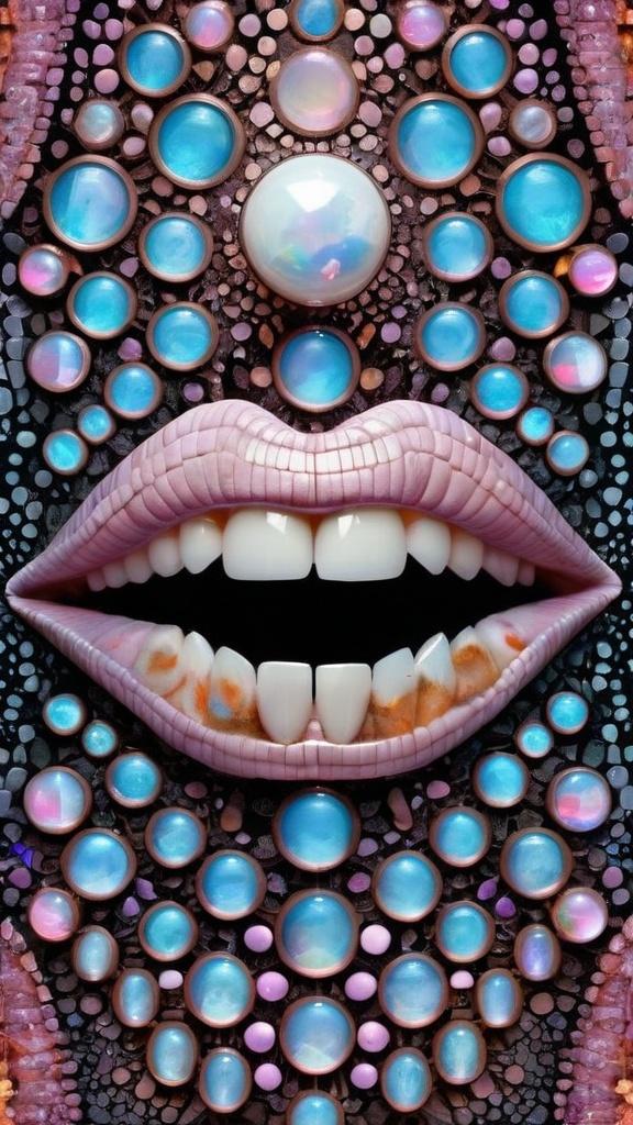 Prompt: Create an extremely hyper-realistic, ultra super textural, weird, trippy, surreal, psychedelic eyes/teeth/mouth pattern/design based on Mandelbrot & “Op Art tiling” with lots of human eyes (crazy colorful compound psychedelic), rows of human teeth, human lips, and tongues. 

- **Colors**: determined by the properties and expressions of the elements (& their isotopes), minerals, and metals: opal, moonstone, Kunzite, selenite, rose quartz, Platinum (Pt)

**Shapes and forms**
- Mandelbrot 
- "Op Art tiling" 
-other shapes determined by the natural properties and expressions of the elements (& their isotopes), minerals, metals, and biological organisms: opal, moonstone, Kunzite, selenite, rose quartz,  Platinum (Pt)


- **Textures**: Derived from any/all elements (& their isotopes), minerals, metals, crystals, organic things mentioned in this prompt: opal, moonstone, Kunzite, selenite, rose quartz, Platinum (Pt)

**Composition and Layout**:
- a pattern/design based on the Op Art tiling & Mandelbrot 

**Lighting**:
- lots of bright light
- Iridescence
- Aventurescence
- Chatoyancy
- Asterism

**Detail and Atmosphere**:
- Extreme hyperrealistic sharp high detail high definition organic and mineral textures
- Psychedelic, weird, odd, surreal atmosphere
- Frozen in time

**Additional Elements**:
- extra rows of teeth, lips, many eyes, Op Art tiling, Mandelbrot, Iridescence
