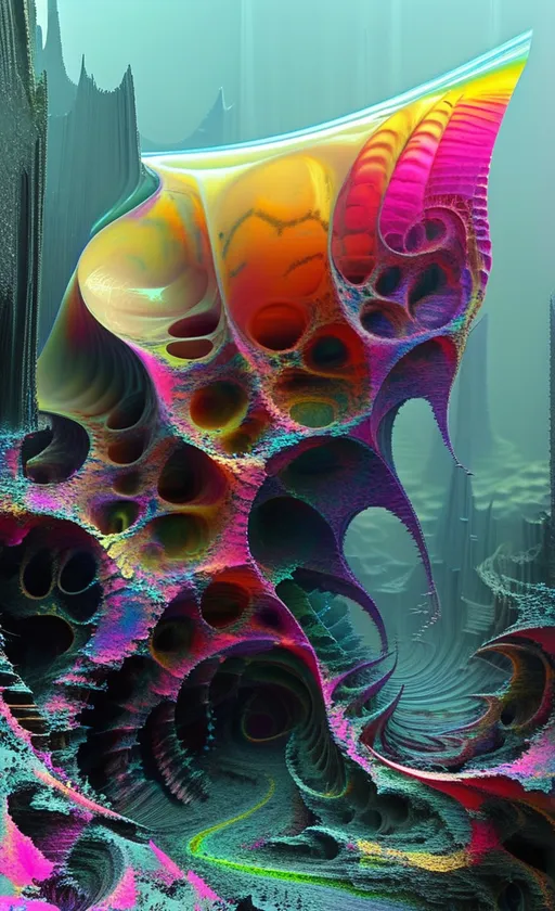 Prompt: **Prompt:**

A disturbing, non-Euclidean alien horror entity formed from dripping, iridescent rainbow slime and glitching fractal membranes—its surface shifts with psychedelic interference patterns, thin-film iridescence, and recursive Mandelbrot textures. The creature stands in a warped dimensional plane where geometry folds in on itself—arches melt into holes that bloom into impossible topologies. Its hollow, spiked head resembles a cross between a coral skeleton and a hyperbolic shell, with gaping voids that defy light.

The colors are saturated, chaotic, and dissonant—neon purples, chromatic greens, toxic pinks, and blacklight blues swirl together in oily holographic trails. Every surface oozes refracted geometry like a living diffraction grating.

Surrounding the creature is a surreal, shifting landscape of looped architecture made of tangled optical illusions—Escherian columns twist sideways, shadows fall in the wrong direction, and perspective breaks at every turn. The atmosphere is soaked in radioactive haze.

Style: a fusion of **psychedelic glitch horror**, **La Planète Sauvage** analog ink style, and **ultra hyperrealistic fractal render**. Medium: digital painting. Lighting: ambient glow from within the creature, casting living shadows. Mood: profoundly unsettling, hypnotically beautiful, alien beyond comprehension.
