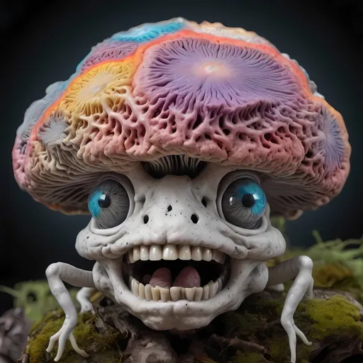 Prompt: An extremely hyper realistic ultra textural sentient intelligent psychedelic brain mushroom, with a fully exposed brain, gray matter, frontal lobe, synapses, crazy trippy human eyes, teeth, mycelium, smart fungus creature, bright pastel colors