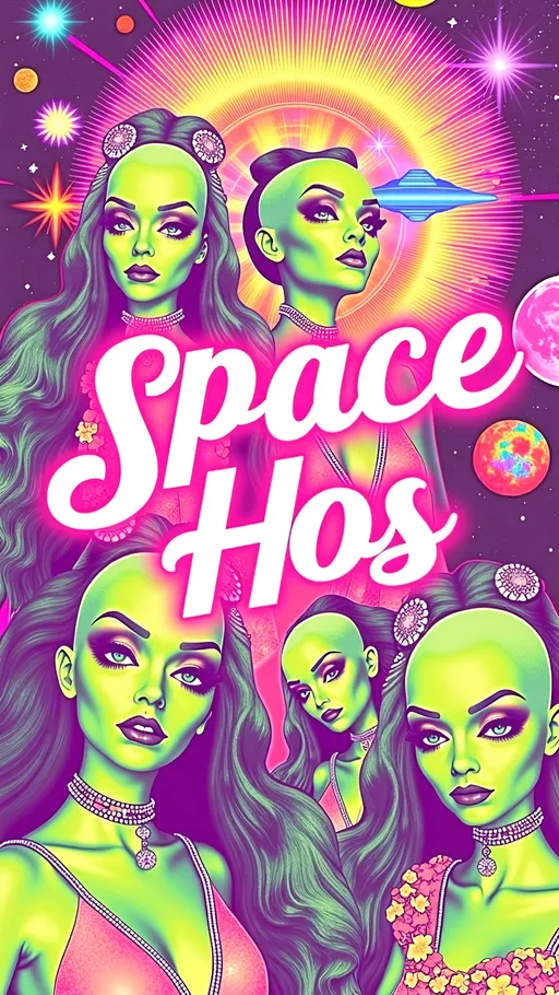 Prompt: **Space Hos - AI Art Prompt**

Create a totally glitched out artwork featuring the phrase "Space Hos" in a bold, sassy, girly futuristic tech font. The scene is populated by multiple striking green-skinned alien females, each exuding attitude and confidence. They are dressed in avant-garde high fashion with a futuristic edge, showcasing an array of intricate accessories that highlight their alien allure.

Each alien boasts a slightly conical-shaped bald head and large, almond-shaped black eyes, adding to their enigmatic charm. They pose with sass and poise, making a statement in the cosmic landscape.

Incorporate a vibrant UFO in the background, teeming with colorful lights that illuminate the scene. The setting is a bustling outer space landscape, complete with an alien planet, swirling asteroids, and cosmic phenomena. Alien glyphs are seamlessly integrated into the design, adding a mysterious layer.

The entire composition is busy and detailed, with every inch filled with tiny elements that captivate the viewer's attention. From the smallest star to the grandest asteroid, the scene is a masterpiece of cosmic chaos and extraterrestrial elegance. Finish it off with lots of different types of computer glitches/noise/data/computer screen effects