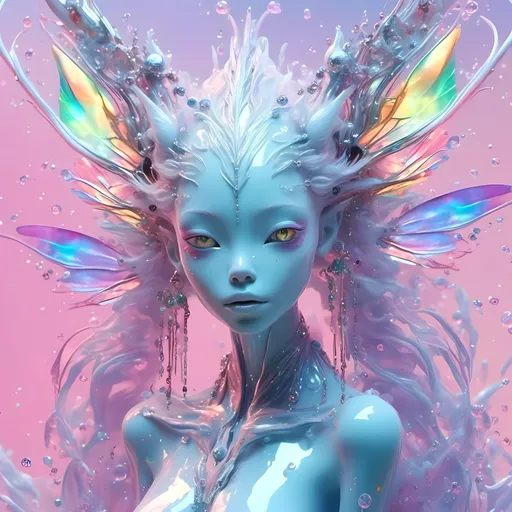 Prompt: <mymodel>beautiful female sentient rainbow entity with silver, opalescent, iridescent, bismuth crystals, rainbow oil slick sheen effect, white, translucent, bright pastel colors, lots of light, 