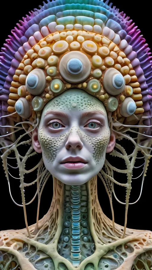 Prompt: Extremely hyperrealistic ultra textural trippy surreal beautiful but odd unsettling psychedelic creature- a psychedelic diatomaceous creature entity queen crown with lots of crazy psychedelic human compound eyes, rows upon rows of human teeth.  head, face, body, fungus, oil slick rainbow sheen effect, holographic, hologram, translucent, vivid colors white, tons and tons of light, bright pastel colors, Gyroid Structures. Diatoms: bacillariophyta, siliceous, valves, girdle bands, raphe, striae, puncta, areolae, costae, rimoportula, fultoportula, chloroplasts, auxospore, epitheca, hypotheca, mucilage, frustule symmetry, valve morphology, pennate diatoms, centric diatoms, motile, non-motile, biofilm, epiphytic, epilithic, epipsammic, biogenic silica, diatomaceous earth, primary producers, carbon fixation, biogeochemical cycles, diatom blooms, paleoecology, nanostructures, microalgae, environmental indicators, aquatic ecosystems. geometric, symmetrical, radial, bilateral, elongated, circular, triangular, oval, star-shaped, pennate, centric, intricate, lattice-like, perforated, silica, frustules, ornate, microscopic, diverse, varied, delicate, transparent, golden-brown, pillbox-shaped, chain-forming, solitary, colonial, planktonic, benthic,