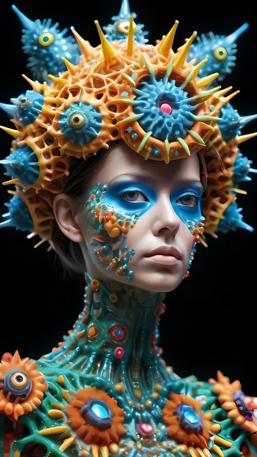 Prompt: Extremely hyperrealistic, ultra textural weird trippy psychedelic humanoid virus creature/entity queen crown jewelry cape, lots of crazy psychedelic compound human eyes, face, head, body, limbs, bright psychedelic colors, lots of light, Gyroid Structures, Moire Patterns, viruses: Viruses, virions, capsid, envelope, nucleocapsid, helical, icosahedral, spherical, filamentous, complex, polyhedral, bullet-shaped, rod-shaped, pleomorphic, enveloped, non-enveloped, spikes, glycoproteins, capsomeres, matrix proteins, lipid bilayer, surface proteins, tail fibers, head-tail structure, symmetry, size, morphology, electron microscopy, viral particles, viral structure, viral architecture, viral shapes, crystalline arrays, viral genome, RNA virus, DNA virus, segmented, non-segmented, capsid symmetry, viral envelope, tegument, viral surface, structural proteins, viral assembly, viral replication, host cell entry, viral budding, viral egress.