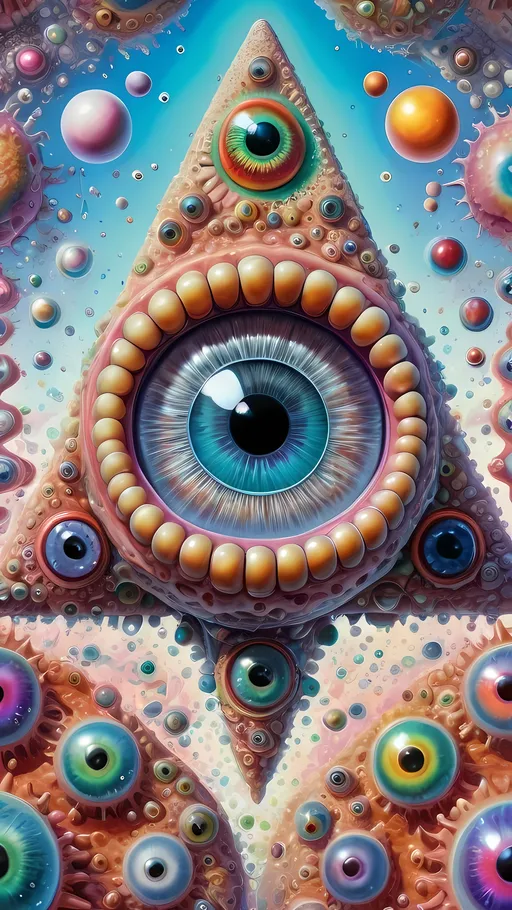 Prompt: an extremely hyper realistic ultra super textural weird trippy surreal psychedelic entity, gyroid structures, Pascal's Triangle, white, translucent, clear, bright bright pastel colors, oil slick rainbow sheen effect, lots and lots of light, lots of crazy colorful compound psychedelic human eyes, rows of human teeth, fungus, atoms, diatoms, gyroid structures, Pascal's Triangle