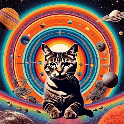 Prompt: a psychedelic collage with a vintage 70s sci-fi animation feel to it except the subject matter will be CATS IN SPACE! The collage will have elements of photography, illustration, trippy patterns and optical illusions, alien landscapes, strange trippy planets, UFOs,, meteors, all cut and spliced together in a psychedelic collage style <mymodel>