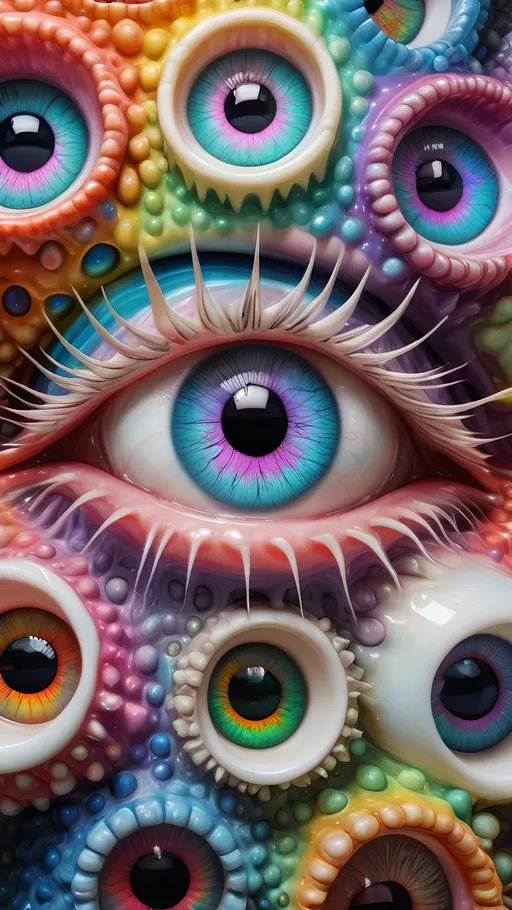 Prompt: an extremely hyper realistic ultra super textural weird trippy surreal psychedelic entity, white, translucent, clear, bright bright pastel colors, oil slick rainbow sheen effect, lots and lots of light, lots of crazy colorful compound psychedelic human eyes, rows of human teeth, fungus, atoms, diatoms,