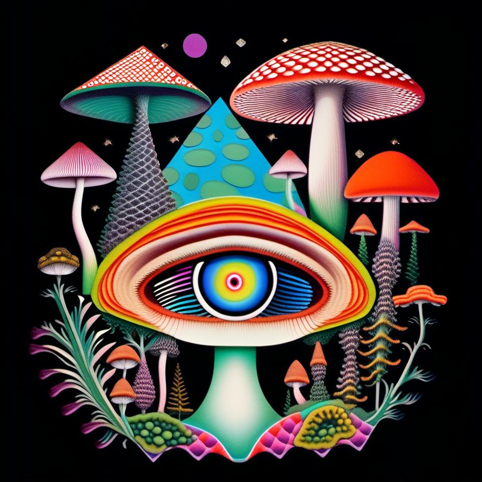 Prompt: a surreal trippy psychedelic  mixed media collage evoking the feel of vintage trippy surreal multimedia collages. It will feature mushrooms/fungus, psychedelic eyes, etc & be set amongst trippy psychedelic patterns/optical illusions,, geometric shapes and will include mediums such as photography, printmaking, painting, illustration, paper cutting, paper folding, glitter, silver foil/enamel, rhinestones, sequins, thread/string and anything else<mymodel>