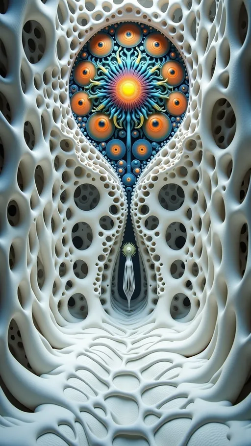 Prompt: Imagine a surreal, hyperrealistic biological chamber captured in ultra 34k high definition, where every surface is rendered with extraordinary detail and texture. The space is defined by a seamless, undulating floor of white flesh-like textures that extend into a definitive back wall, creating an enclosed yet expansive environment. The floor is intricately patterned with vein-like structures that pulse with life, leading the eye toward the back wall, which serves as a canvas for psychedelic eyes. These eyes are portals to a kaleidoscope of colors and fractal patterns, reminiscent of Mandelbrot and Möbius shapes, their swirling hues adding an eerie yet mesmerizing presence.

The side walls are a labyrinth of realistic nerve endings, blood vessels, veins, capillaries, and pores, each rendered with precision to mimic the chaotic beauty of biological systems. Elements such as carbon and silicon form the foundational structures, their crystalline forms lending strength and rigidity, while phosphorus and sulfur contribute vibrant hues that dance across the surfaces, creating a dynamic interplay of light and shadow. Calcium deposits emerge as bone-like textures, adding to the anatomical authenticity of the scene.

Minerals such as quartz and fluorite are interspersed throughout, their translucent and fluorescent properties casting ethereal glows that enhance the surreal atmosphere. Malachite and tourmaline introduce vivid greens and multicolored striations, their presence adding a rich, earthy contrast to the otherwise ethereal setting. Opal and ammolite provide iridescent flashes, their surfaces shifting colors with movement and perspective, adding depth and dimension to the space. This hyper-detailed, ultra high-definition environment is a mesmerizing fusion of the organic and the fantastical, inviting viewers to explore its depths and uncover the mysteries within, all anchored by the definitive back wall that frames the entire scene.