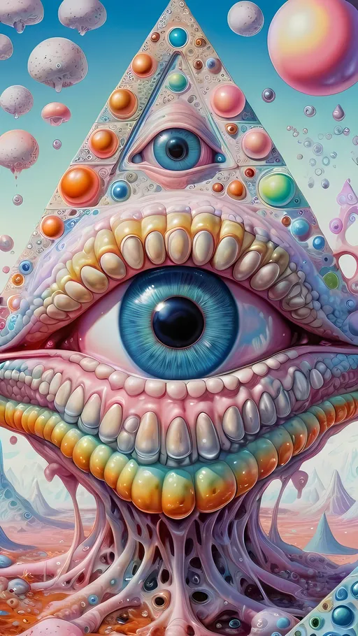 Prompt: an extremely hyper realistic ultra super textural weird trippy surreal psychedelic entity, gyroid structures, Pascal's Triangle, white, translucent, clear, bright bright pastel colors, oil slick rainbow sheen effect, lots and lots of light, lots of crazy colorful compound psychedelic human eyes, rows of human teeth, fungus, atoms, diatoms, gyroid structures, Pascal's Triangle