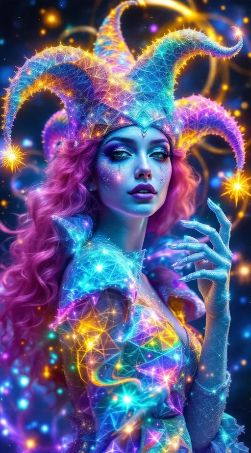 Prompt: An astral jester composed entirely of luminous fractalized light, standing within a recursive, multidimensional astral dimension. The jester wears an oversized, elaborate jester hat made of holofractal filaments, structured like interlocking Mandelbrot tessellations glowing with prismatic light. Her outfit mirrors the hat—ornate with diamond latticework patterns and shifting iridescent geometries. Her makeup echoes sacred geometry: a fractal tear under one eye, and spiraled paint in golden ratios. Her hair is long, rainbow or bright pink, extremely curly, flowing like fractal tendrils of plasma. Background: an endless cosmic plane with recursive astral geometry, looping toroidal fields and self-similar nebulae.

Overlay: A second dimension of vivid rainbow light interlaces through the scene, composed of pure sparkling fractal threads—dense with iridescent feedback loops and shimmering diffraction halos. These radiant structures dance in recursive arcs, forming an additional holofractal lattice hovering above and within the scene, cascading prismatic rays that animate the jester’s form with glints of spectral motion. Everything sparkles as if alive with electric rainbow consciousness.

Rendered in hyper-detailed style, neon-glow light diffusion, surreal cosmic aesthetic, with layered multidimensional lighting effects and recursive rainbow refraction overlays.
