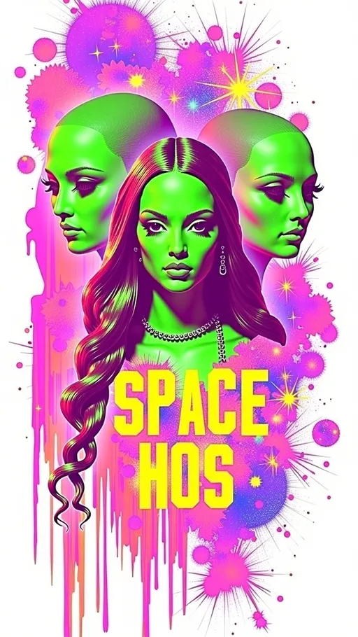 Prompt: **Space Hos - AI Art Prompt**

Create an artwork featuring the phrase "Space Hos" in a bold, sassy, girly futuristic tech font. The scene is populated by multiple striking green-skinned alien females, each exuding attitude and confidence. They are dressed in avant-garde high fashion with a futuristic edge, showcasing an array of intricate accessories that highlight their alien allure.

Each alien boasts a slightly conical-shaped bald head and large, almond-shaped black eyes, adding to their enigmatic charm. They pose with sass and poise, making a statement in the cosmic landscape.

Incorporate a vibrant UFO in the background, teeming with colorful lights that illuminate the scene. The setting is a bustling outer space landscape, complete with an alien planet, swirling asteroids, and cosmic phenomena. Alien glyphs are seamlessly integrated into the design, adding a mysterious layer.

The entire composition is busy and detailed, with every inch filled with tiny elements that captivate the viewer's attention. From the smallest star to the grandest asteroid, the scene is a masterpiece of cosmic chaos and extraterrestrial elegance.