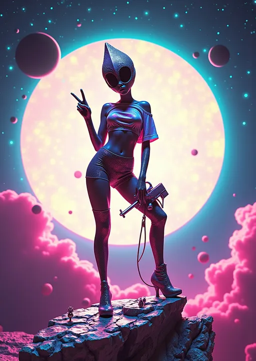 Prompt: A hyperrealistic alien bimbo, skin a violently radiant blend of electric neon green and radioactive pink veroni pattern markings, poses with exaggerated sass in a trashy cut off cropped holographic baby tee (one side of the oversized ripped neckhole slouched down the side of her arm) and a pair of trashy short rainbow holofractal  cut off shorts, over a holographic fishnet bodysuit atop a jagged crystalline rock spire on a glowing asteroid. Her large solid black almond-shaped eyes reflect broken starlight, and her conical bald head gleams under a scorched silver tiara tangled with melted magenta curls. She pops her hip and throws up a peace sign, covered in chrome rings shaped like stars and planets. Her holographic vinyl microdress clings to her figure in stuttering layers of hearts and glitch-text, edges twitching with visual noise, rhinestones glittering like static.

Behind her, a massive black hole collapses reality in ultra-HD chaos. Stars stretch and smear like VHS melt. Optical illusion patterns spiral into the void, breaking apart into jagged bands of color and compression. Whole regions of sky flicker in and out with datamoshed fragments, rainbow smear halos, and digital burn effects. Her silhouette is rimmed with chromatic aberration—neon cyan, magenta, and lime green outlines pulsing like signal ghosts.

She stands unfazed—boot planted firm on a shimmering rock with a cracked mirror surface. Her raygun dangles from a rhinestone garter. Broken tiaras and shattered compact mirrors float around her in slow anti-gravity drift. Every texture is rendered with ultra-macro surreal realism: flaking vinyl, scorched glitter, oily shimmer, analog grain layered over the whole scene with deep shadows and radiant pops of electric glam.

The look is filthy, campy, dangerous, delicious. A retro-futuristic space diva glitching her way into infamy.