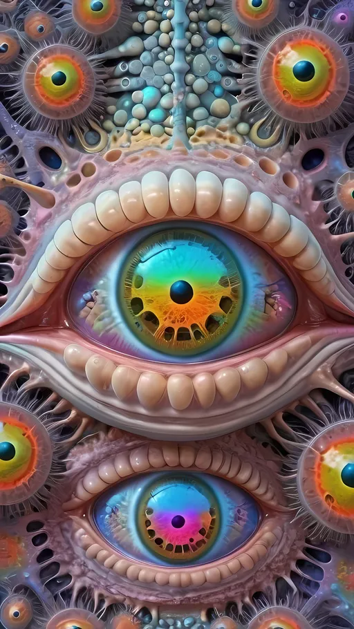 Prompt: an extremely hyper realistic ultra super textural weird trippy surreal psychedelic entity, Newton Fractals, apollonian gaskets, catenoids, white, translucent, clear, bright bright feminine pastel colors, oil slick rainbow sheen effect, lots and lots of light, lots of crazy colorful compound psychedelic human eyes, rows of human teeth, fungus, radiolarians, foraminifera,  atoms, diatoms, enneper sufaces, apollonian gaskets, Newton Fractals, 